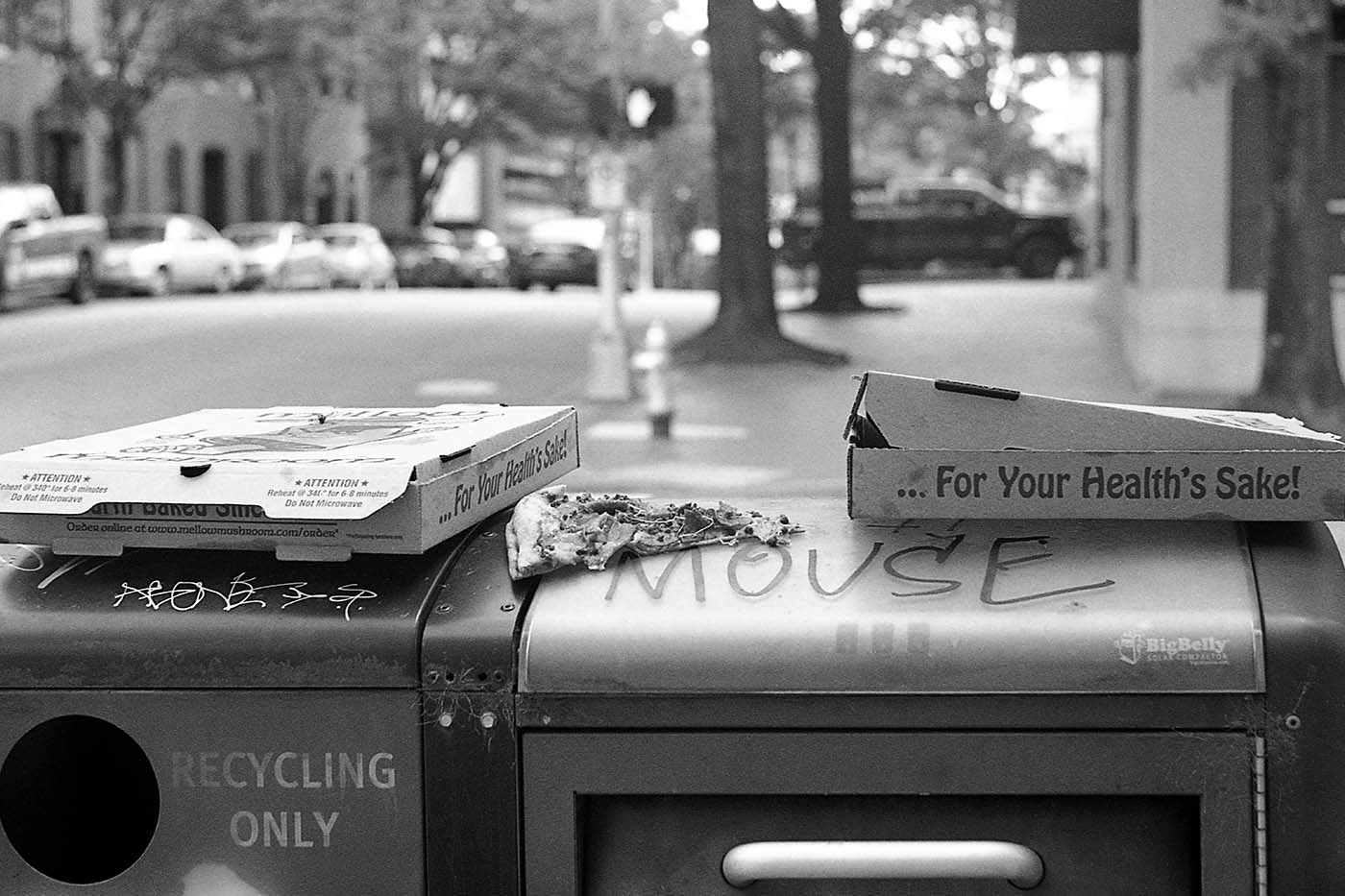 Pizza and pizza box on trash can, for your health's sake!